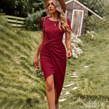 Zjkrl M O Neck Short Sleeve Solid Color Knitted Dress 2023 New Women Spring Summer Casual High Elastic Light Dresses