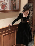 Zjkrl - One Piece Dress Korean Ladies Black Fashion Elegant Velvet Dress Female Vintage Long Sleeve Evening Party Midi Dress