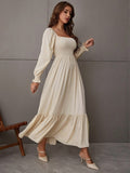 Women Fashion Panelled Midi Dress Vintage Square Neck Long Puff Sleeve A Line Female Dresses Vestidos Mujer