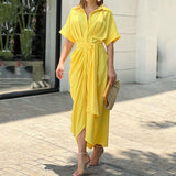 Women Summer Dress Casual Loose Pleated Design Short Sleeve With Button Lapel Lace-Up Solid Shirt Dresses
