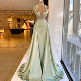 Zjkrl Arabic Green Mermaid Evening Dress Elegant Sleeveless Halter Neck Soft Satin Beading Prom Dresses Long Party Gown