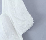 New Women Sweet Bow White Lace Dress Vintage Puff Sleeve Ladies Holiday Party Mini Cake Dress Skater Robe