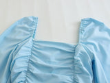 New 2023 Women Blue Ruched Bodycon Mini Dress Long Sleeve Ladies Sexy Vestidos