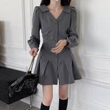 Zjkrl - Chic Long Sleeve Single-breasted Women Shirt Dress 2023 Autumn V Neck Pleated Mini Dresses Korean Gray Slim High Waist Vestidos