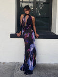 Zjkrl Backless Maxi Dress Women Sexy Purple Print Halter Bodycon Dress Summer Beach Outfits Elegant Sleeveless Club Party Dress 2023