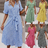 Zjkrl 2023 Summer Puff Sleeve Long Dress Women Elegant Printed V-Neck Maxi Dresses Boho Drawstring Loose Holiday Beach Dress