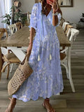 Zjkrl - Fashion V-Neck Pattern Print Beach Dress Women Casual Half Sleeve  Loose Party Dress Spring Fall Elegant Tie-Up Pleat Long Dress