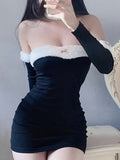 Zjkrl - Cute Loli Tight Mini Dress Strapless Long Sleeve Slim Hip High Waist New Sexy Sweet Spicy Black Elegant Korean  8G3B
