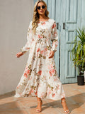 Zjkrl - Elegant Floral Print Women Dress Spring Summer Casual O Neck Long Sleeve Chiffon A Line Long Maxi Dress Party Vestidos