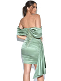 New Green Satin Draping Off Shoulder Corset Dress Elegant Backless Pleated Slim Mini Dress Celebrity Club Night Party Evening