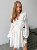 Zjkrl White Lace Women Party Dress Lantern Sleeve Sexy V-Neck Patchwork Dress A-Line Spring Summer Black Dresses Ladies