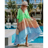 Zjkrl - Fashion Patchwork Irregular Dress Women&#39;s Summer Sexy Deep V Neck Loose Maxi Dresses Half Sleeve Folds Beach Vacation Vestido
