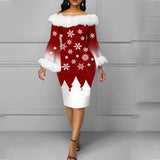 Zjkrl - 2023 New Year Dresses Flare Sleeve Slim Slash Neck Gradient Printed Dress Winter Fashion Fur Off Shoulder Women Christmas Dress