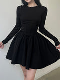 Zjkrl - Korean Clothes Long Sleeve Corset Black Dress Female Solid Basic O Neck Fashion Autumn Dress Pleated Slim Elegant New