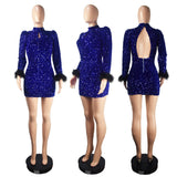 Sexy Women Dress Backless Sequin Feathers Full Sleeve Slim Boydcon Party Night Clubwear Dresses For Women Vestidos