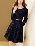 Zjkrl - Dress Women 2023 Spring Navy Blue Bird Lattice Elegant Autumn A-line O-neck Slim With Belt Dresses Casual Vestidos