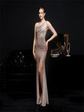 Zjkrl - Elegant One Shoulder Slit Gold Sequin Evening Dress 2023 Women Beads Party Maxi Dress