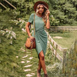 Zjkrl M O Neck Short Sleeve Solid Color Knitted Dress 2023 New Women Spring Summer Casual High Elastic Light Dresses