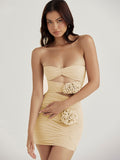 Sexy Strapless Flower Mesh Women Dress Apricot Hollow Out Ruched Summer Dresses Woman 2023 Elegant Party Club Vestidos