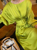 Zjkrl Elegant Solid Dress For Women Slash Neck Lantern Sleeve Sashes Lace Up Midi Dresses Female Spring Clothing New