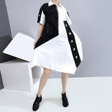 Zjkrl - Holes Contrast Color Design Black White Patchwork Woman Summer Casual Asymmetrical Shirt Dress Big Size Loose Fit Style LLMD004