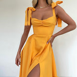 Zjkrl Elegant Slit Midi Dress Outfits For Women Summer Holiday Sundresses Sexy Backless Bow Tie Gown Vestido