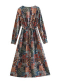 New 2023 Women Vintage Floral Print Casual Long Dress Cross V Neck Female A-line Spring Vestidos