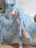 Vintage Painting Artistic Van Gogh Print Ruffles Chiffon Long Party Dresses Women Elegant High Waist A Line Casual Robes