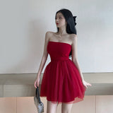 Red White High Waist Mesh Dress Women Backless Short Party Club Wear Sexy A-line Ball Bown Dress Sleeveless Summer