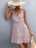 Zjkrl Summer Boho Floral Dress Women V Neck Ruffle Short Dress Party Print Flower Spaghetti Strap Dresses For Women 2023