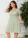 Plus Size 4XL Floral Print Dress for Women Off Shoulder Casual Elegant Midi Green Dresses 2023 Summer Autumn Loose Clothing