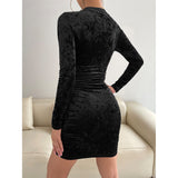 Zjkrl - Black Sexy Club Dress for Women V Neck Bodycon Dress Full Sleeve High Waist Versatile Mini Dress Streetwear Ladies Fashion