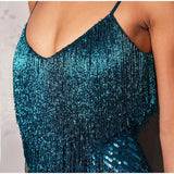 Zjkrl Sequins Tassel Feather Spaghetti Strap Dress Women Fashion Sexy Stitching Mini Dresses Ladies Evening Party Club Elegant Dress