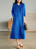 Summer New Women's Cotton and Linen Dress Loose Stitching Solid Color Cotton and Linen V-neck Five-point Sleeve Mid-length
