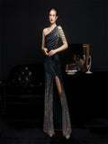 Zjkrl - Elegant One Shoulder Slit Gold Sequin Evening Dress 2023 Women Beads Party Maxi Dress