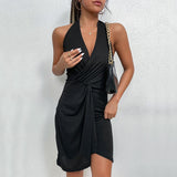 Sexy Sleeveless Halter Mini Dress Women Summer 2023 Fashion Black V Neck Off Shoulder Backless Fold Dresses Elegant Vestidos