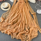 Zjkrl - Autumn Khaki/White Bandage Chiffon Long Dress Sexy Deep V-Neck Sleeveless High Waist Vestidos Vacation Beach Maxi Robe 2023 New