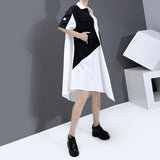 Zjkrl - Holes Contrast Color Design Black White Patchwork Woman Summer Casual Asymmetrical Shirt Dress Big Size Loose Fit Style LLMD004