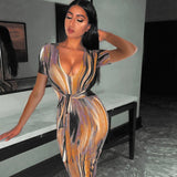 Zjkrl Sexy Bandage Dress Waist Illusion Dress 2023 Women V-neck Maxi Dresses Ladies Tie-dye Wave Print Party Dresses Tight Dresses