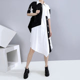 Zjkrl - Holes Contrast Color Design Black White Patchwork Woman Summer Casual Asymmetrical Shirt Dress Big Size Loose Fit Style LLMD004