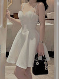 New Women White Sexy Sling Dress Sleeveless Elegant Ladies Party Mini Dresses Skater Short Robe