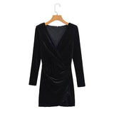 Zjkrl New Spring 2023 Women Long Sleeve V Neck Ruched Velvet Mini Dress Vintage Ladies Sexy Vestido