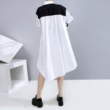 Zjkrl - Holes Contrast Color Design Black White Patchwork Woman Summer Casual Asymmetrical Shirt Dress Big Size Loose Fit Style LLMD004