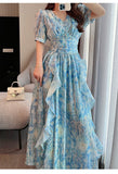 Vintage Painting Artistic Van Gogh Print Ruffles Chiffon Long Party Dresses Women Elegant High Waist A Line Casual Robes