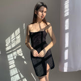 Y2k Style 2023 Summer New Fashion Women&#39;S Suspenders One-Line Shoulder Sexy Solid Color Slim Slit Leg Length Short Black Dress