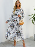 Zjkrl - Elegant Floral Print Women Dress Spring Summer Casual O Neck Long Sleeve Chiffon A Line Long Maxi Dress Party Vestidos