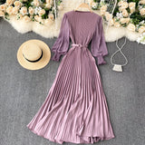 Women&#39;s Elegant Long Dress Spring and Summer Bubble Long Sleeve Pleated Belt Long Skirt 2023 Ladies French Temperament New Dress