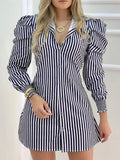 Striped Button Design Puffed Sleeve Shirt Dress Women Casual Work Dress