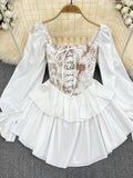 Zjkrl Early Autumn Dress Retro Gothic Women White Black Bandage Mini Dress Sexy Off Shoulder Puff Sleeve Korean Vestidos