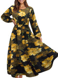 Zjkrl - Elegant Floral Print Women Dress Spring Summer Casual O Neck Long Sleeve Chiffon A Line Long Maxi Dress Party Vestidos